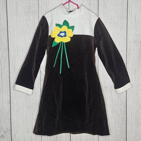 VTG 60s Florence Eiseman for Saks Fifth Avenue Brown Velvet Dress w Flower, sz 8 - Picture 1 of 4